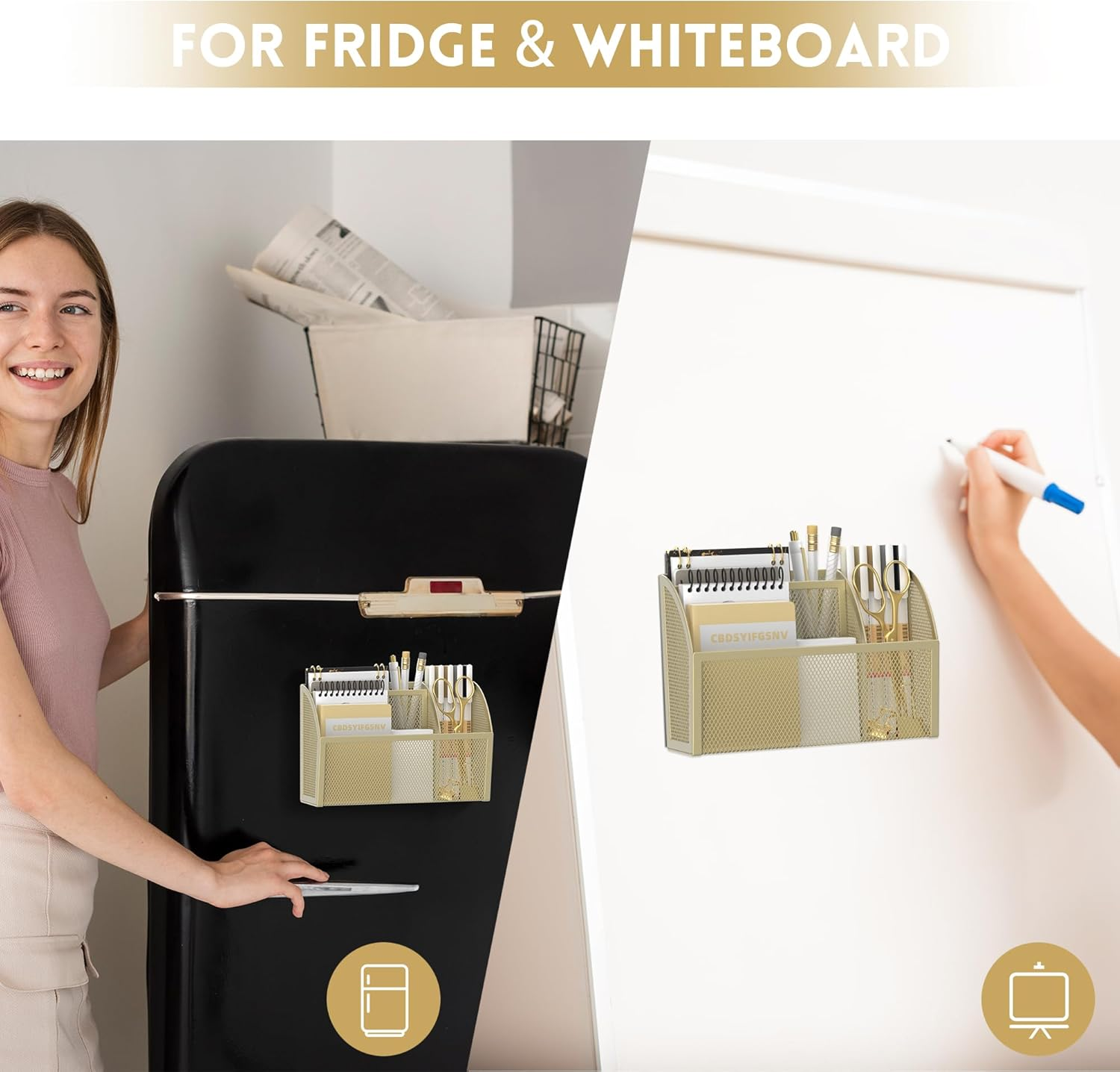 DALTACK Magnetic Pencil Holder for Whiteboard - 3-Grid Mesh Pen Organizer for Refrigerator, Locker Accessories - Office Shelf, Golden Yellow image number 4