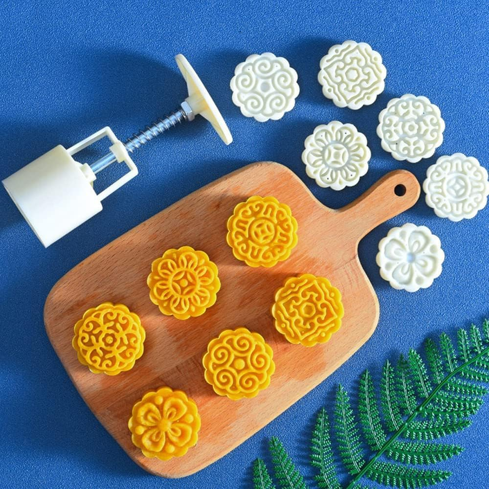 Moon Cake Molds Flower Mooncake Mould 50G Safety Hand Pressure Mooncake DIY 10 Pcs Cookie Stamps Biscuit Making Moulds for Baking Cookies Dessert Christmas image number 1