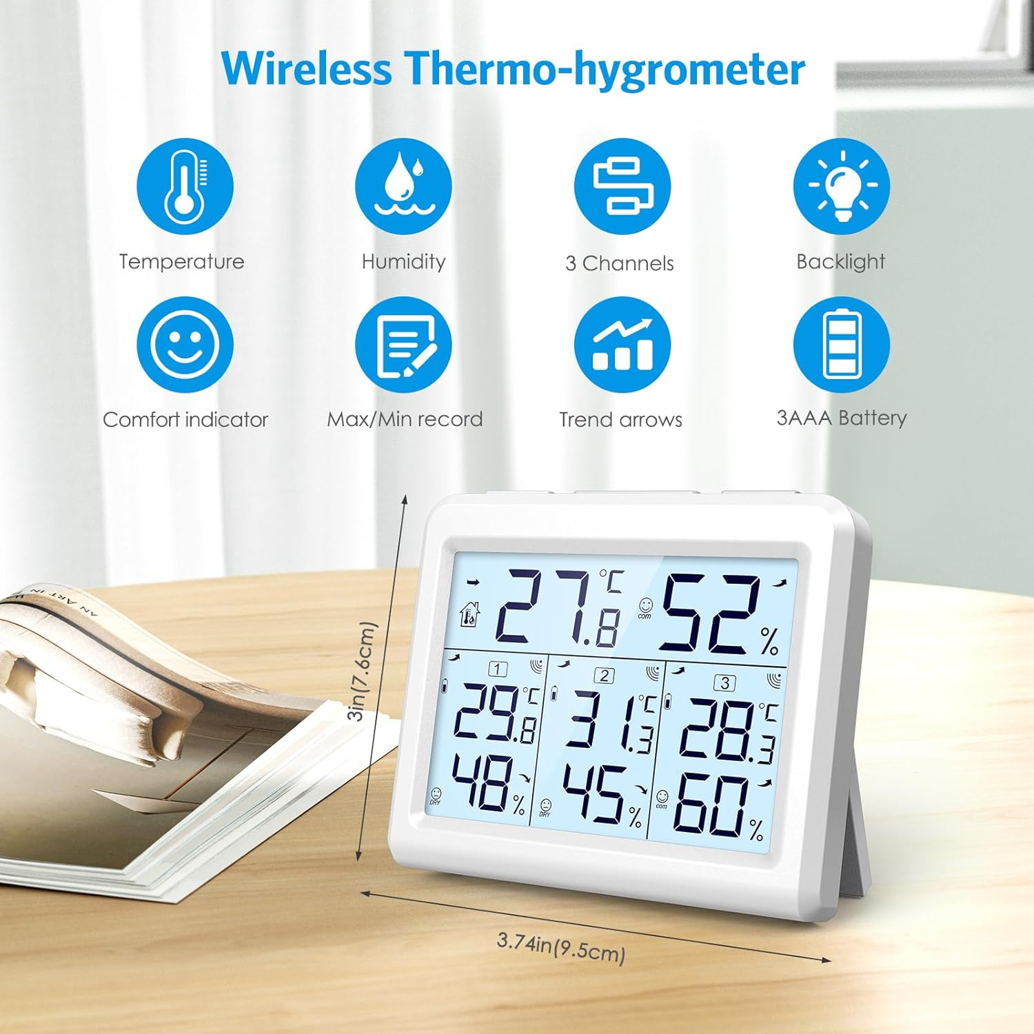 AMIR Indoor Outdoor Thermometer, 3 Channels Digital Hygrometer Thermometer with 3 Sensor, Temperature Humidity Monitor with LCD Display, Wireless Humidity Gauge for Home, Baby Room