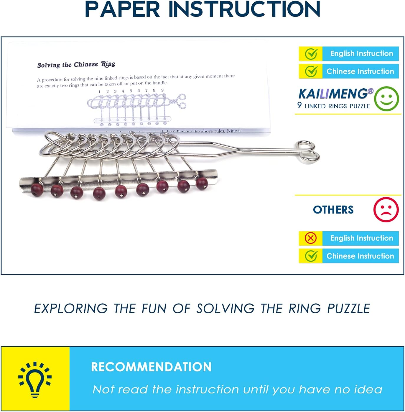 KAILIMENG 9 Linked Rings Metal IQ Puzzle - Brain Teaser Classical Chinese Rings image number 1