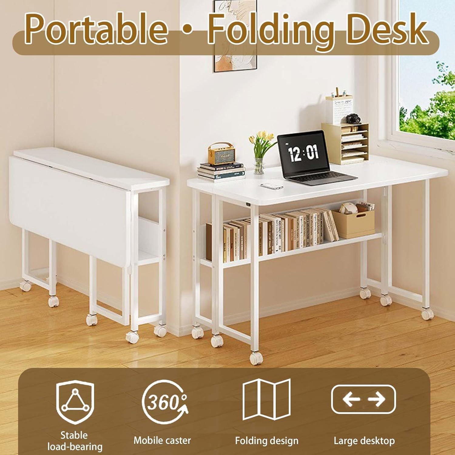 Eqiech Folding Table,Writing Computer Desk Small Foldable Desk Space Saving Computer Table with Bookshelf & Wheels Study Office Desk Foldable Table for Home Office ，Easy Assembly（White） image number 1