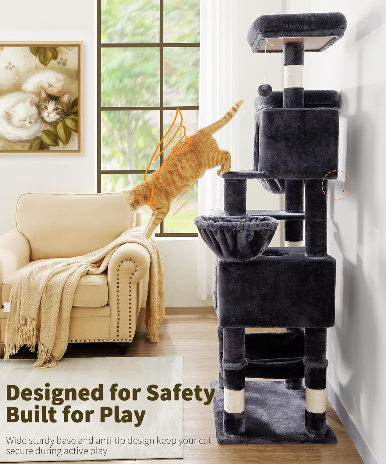 AMHANCIBLE Cat Tree, 180 Cm Tall for Indoor Adult Cats, Large Multi-Level Tower with Scratching Post, Hammock, Condos, Hanging Basket, Activity Center to Play and Sleep, Dark Grey, PT18DG - Grey image number 6