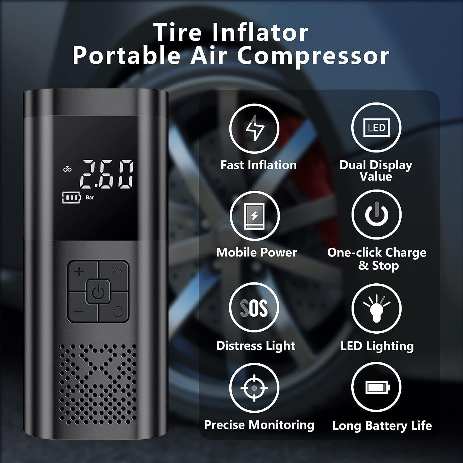 Tyre Inflator Portable Air Compressor, 150PSI Cordless Air Pump for Car, 7500Mah Digital Tire Inflator with Pressure Gauge and Led Light for Cars Bikes Motorcycles Balls, Power Bank W/Led Light image number 1