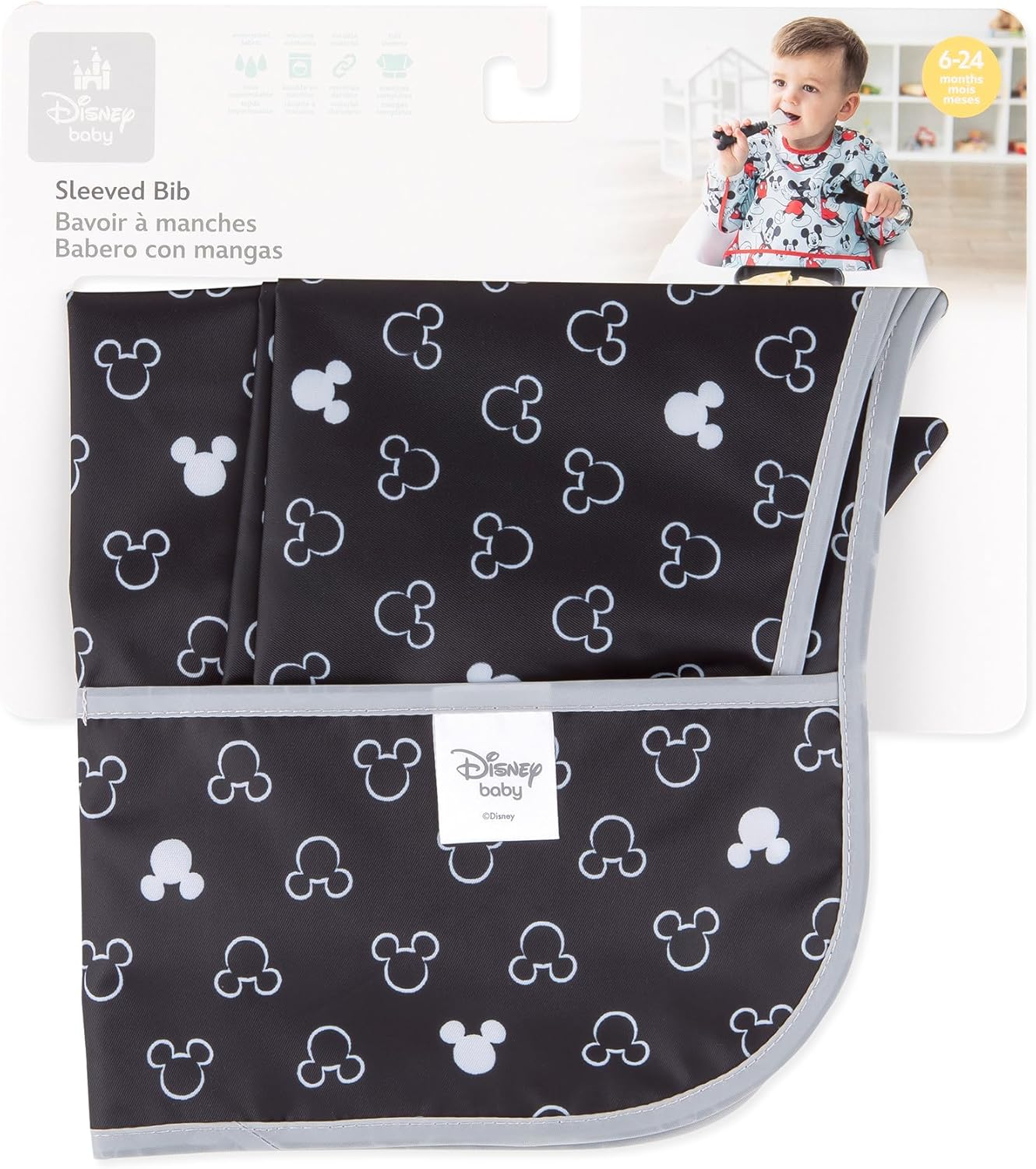 Bumkins Disney Bibs, Baby and Toddler Girls and Boys 6-24 Months, Long Sleeve, Essential Must Have for Eating, Feeding, Mess Saving Lightweight Waterproof Fabric Sleeved Smock, Mickey Mouse Icon