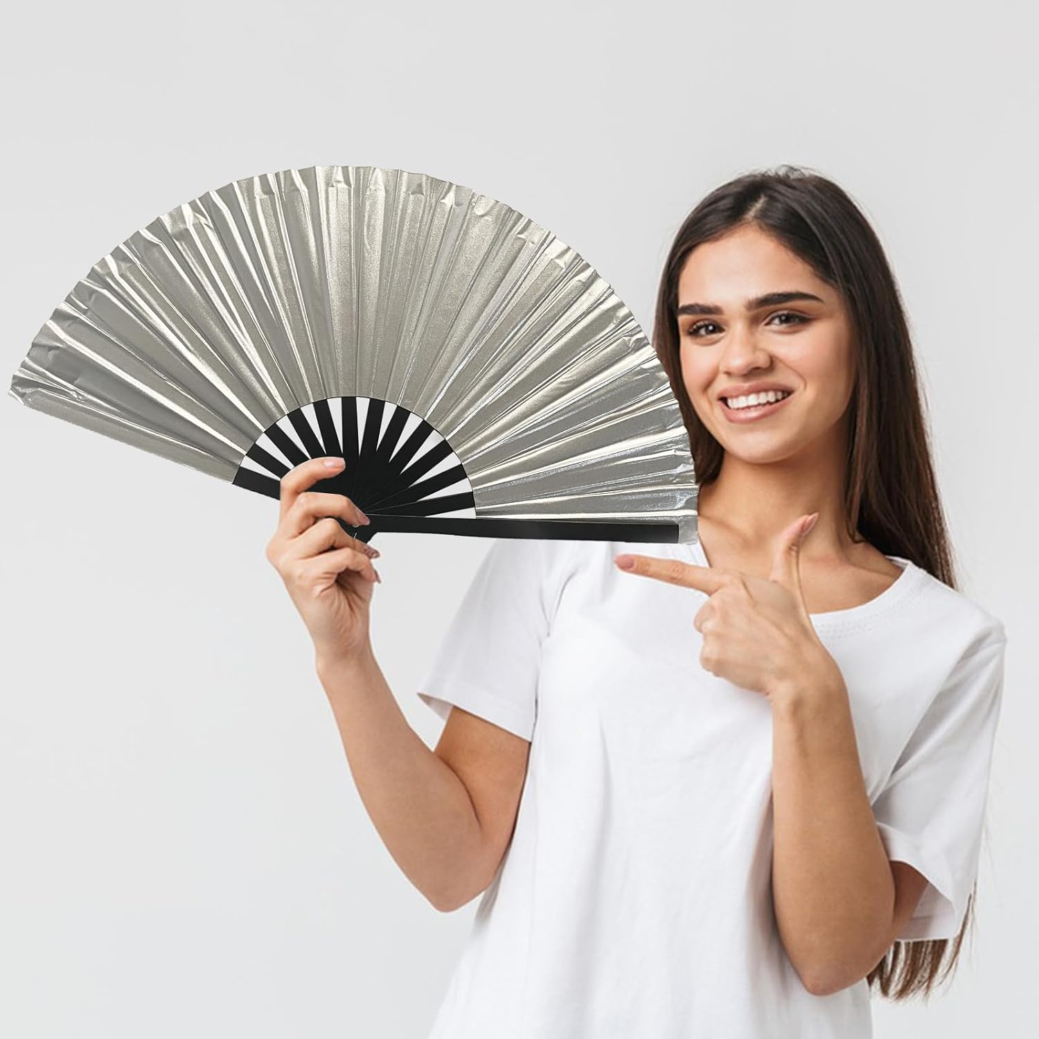 Dmjuncong 1Pcs Large Folding Hand Rave Fan,Clack Handheld Fan,Silvery Hand Fan,For Festivals, Rainbow Outfits,Disco Party,Home Decoration and Many Occasions. - Black image number 3