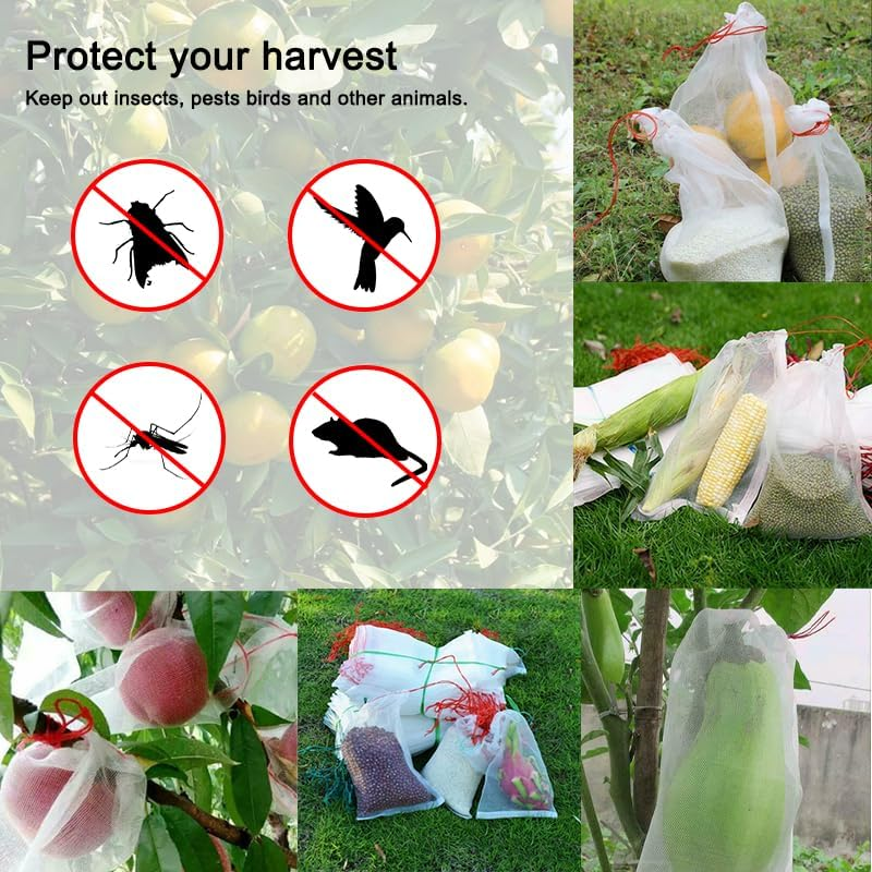 Leona Co Fruit Protection Bags, 100Pcs Fruit Netting Bags Garden Garden Netting Bags Fruit Tree Bags Drawstring Nylon Mesh Netting Barrier Bag for Protecting Fruits and Vegetables (10X15) image number 1