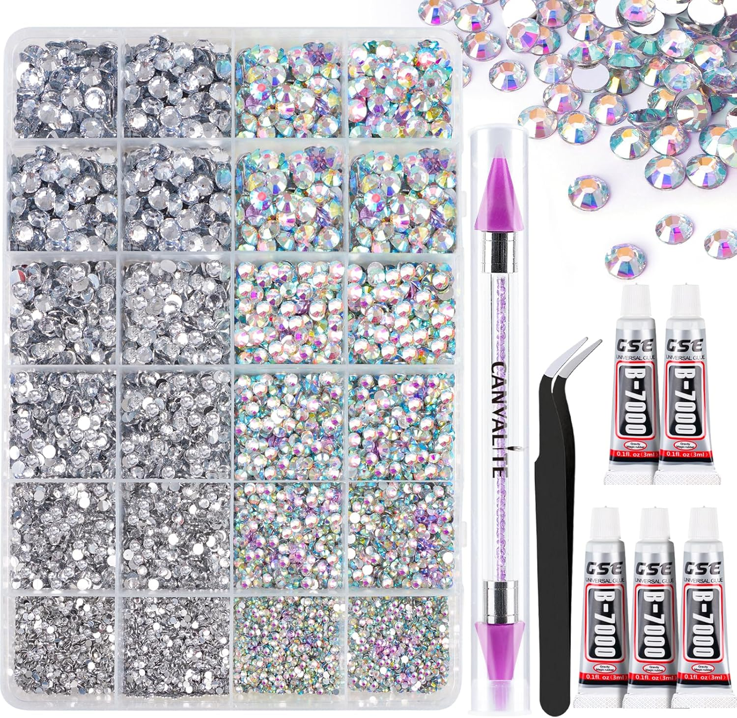 Canvalite Rhinestones 1500PCS in 6 Sizes Flat Back Nail Gems, Crystal AB Rhinestones Nail Art Gems with Pick up Tweezers and Rhinestone Picker Dotting Pen, Nail Rhinestones for Nails, Makeup, Clothes, Face, Craft By