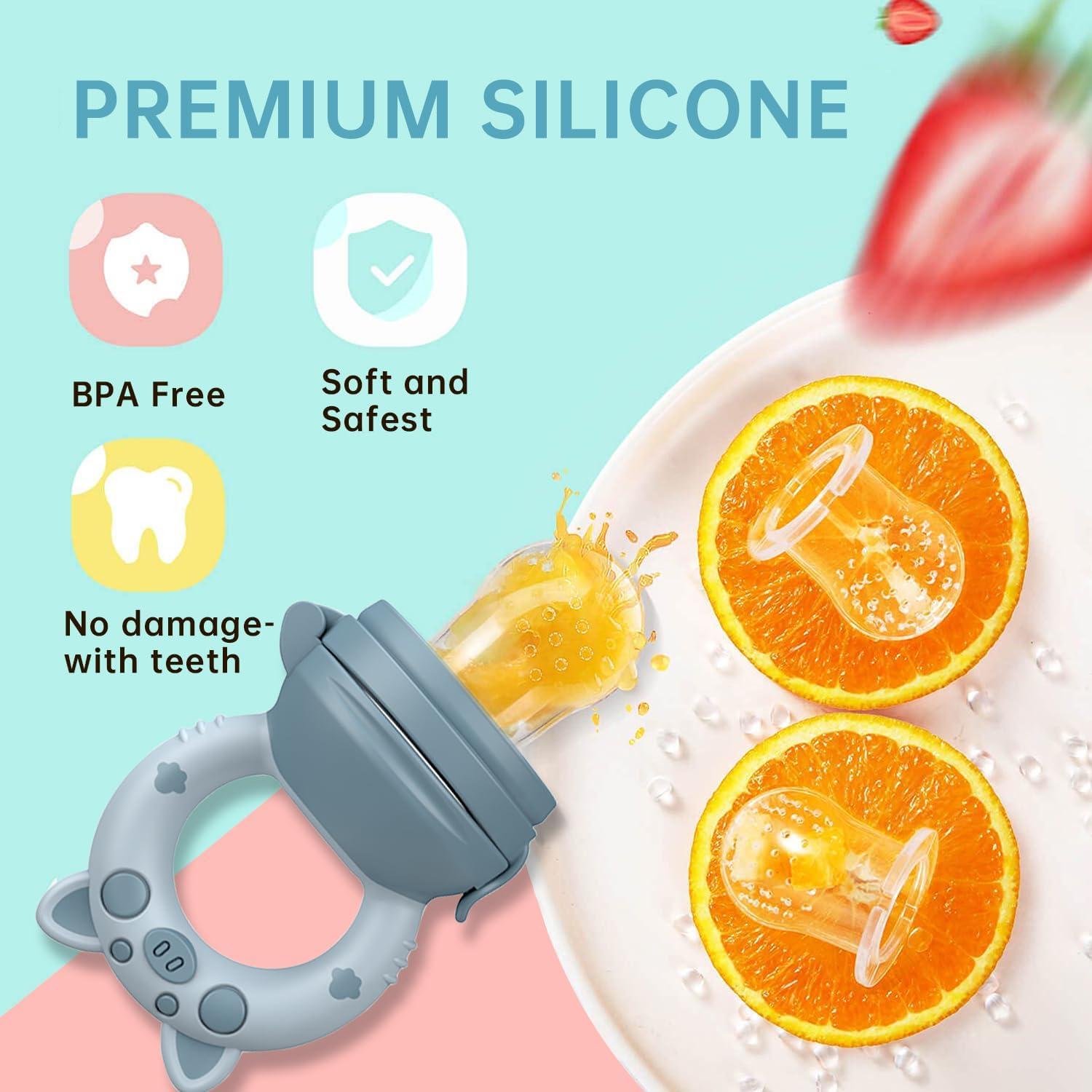 Luleo Baby Food Fruit Feeder Pacifier 3 Sizes Silicone Teats Safe and Hygienic Cap, Self Feeding, Soft Silicone BPA Free, Safe Anti-Choking, Teether Toy for Safe Infant, 4+Month, (Light Blue)