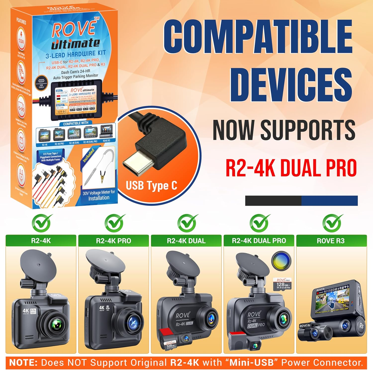 Dash Cam Hardwire Kit | USB Type C Port | for ROVE R2, R2-PRO, R2-Dual and R3 Dash Cam Models | Check Compatibility Image before Purchasing image number 2