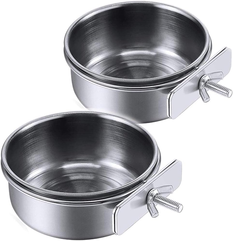 Parrot Feeding Cups Birds Food Dish Stainless Steel Parrot Feeders Water Cage Bowls with Clamp Holder for Cockatiel Conure Parakeet Parrots (Silver, One Size)