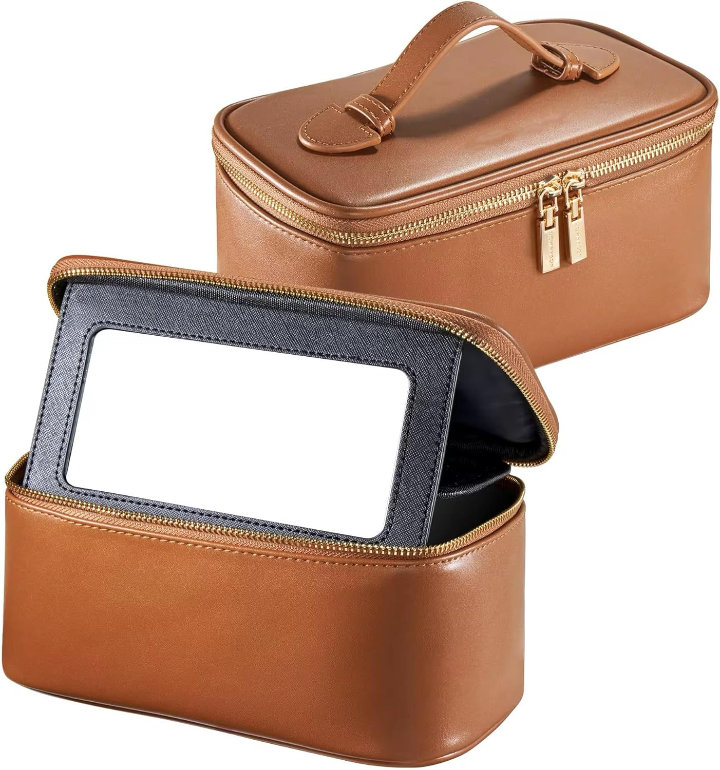 Chic Makeup Bag with Mirror Large Capacity Storage Detachable Mirror Vanity Type Cosmetic Bag Portable Small Items Organizer Travel/Business Use Skincare Storage (Standard Model Brown) image number 4