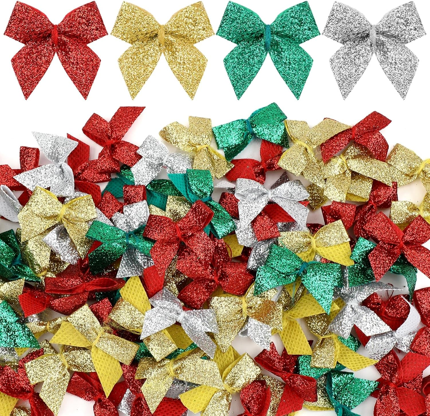 Syhood 150 Pcs Christmas Mini Bow Tiny Twist Tie Handmade Craft Ribbon Hair Small Holiday Bow Craft Supply for DIY Sewing Party Decor(Classic Color, Glitter)