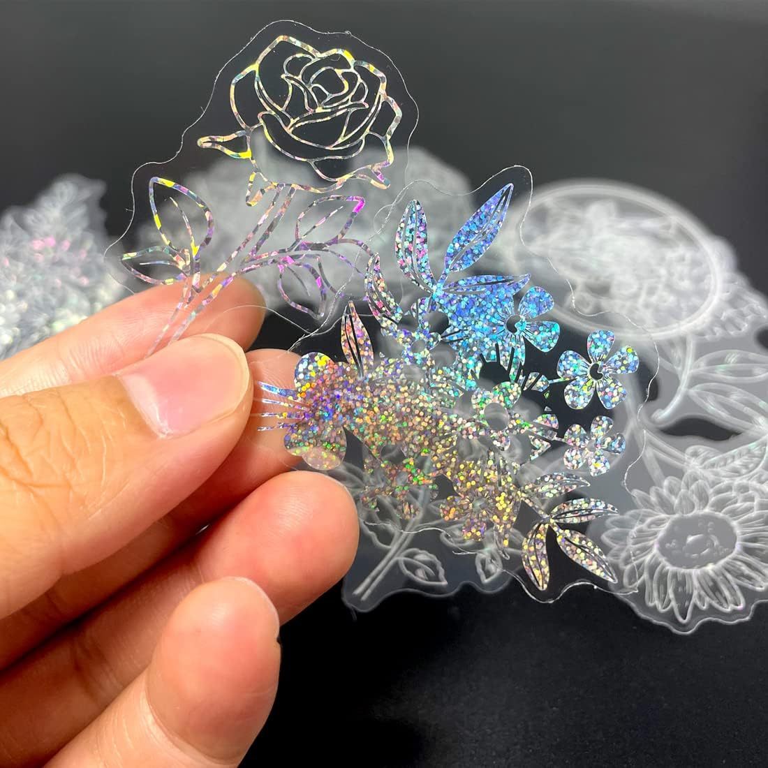 200 Pcs Holographic Glitter Butterfly Stickers + 1 Craft Tweezer Waterproof Flower Shiny Adhesive Transparent Decorative Decals for Scrapbooking Journal Planner Water Bottle Laptop Phone image number 1