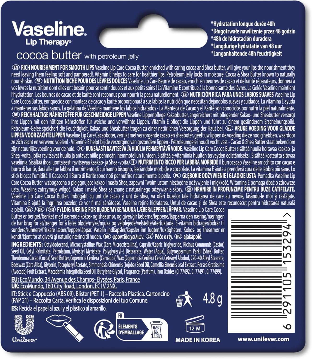 Vaseline Lip Therapy Moisturising Lip Balm Skin Protectant 4.8G Ideal for Soft, Glowing Lips Cocoa Butter Moisturiser Fast-Acting Nourishment with Petroleum Jelly and Rich Cocoa Butter. image number 1