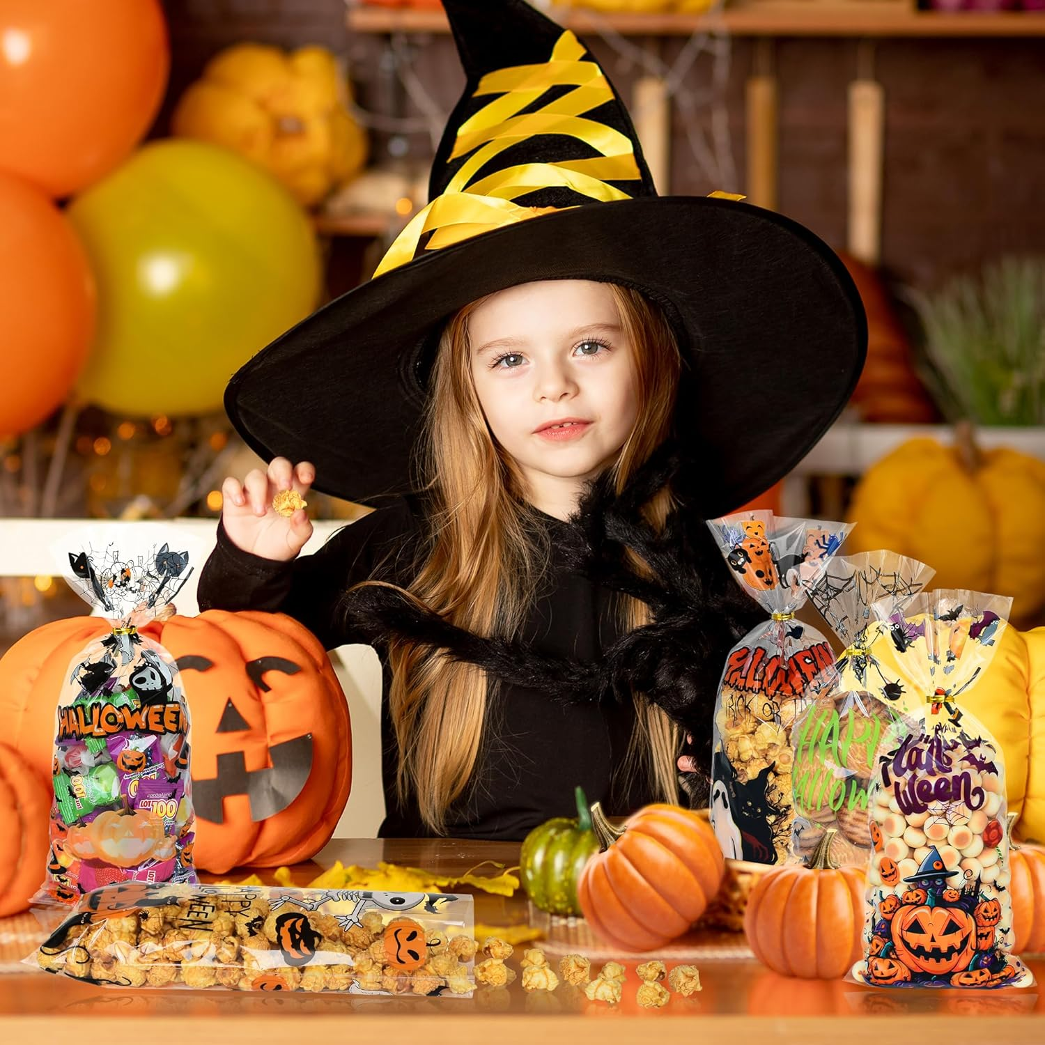 Twavang 150 Pcs Halloween Cellophane Treat Bags, Halloween Trick or Treat Goodie Bags with 170 Pcs Twists for Halloween Party Favors (10.8 X 4.9 Inches) image number 2