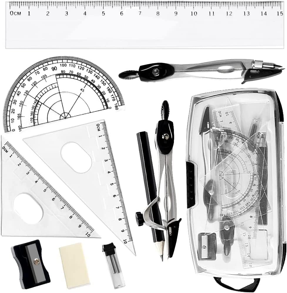 Geometry Compass Sets,Geometry Set Math Compass,Math Compass for Geometry Set,10Pcs Math Geometry Kits Compass Maths Tool with Compass,Protractor,Ruler Eraser, Pencil,Pencil Sharpener,Refills,Box