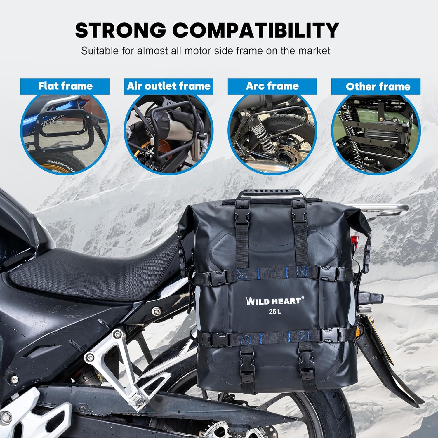 WILD HEART Motorcycle Side Bag Stainless Steel Suspension Waterproof Bag Saddlebags 20L/25L Waterproof Pianner Bag Wear-Resistant General-Purpose Bike Accessories, Black, 25L, Motorcycle Aluminium image number 3