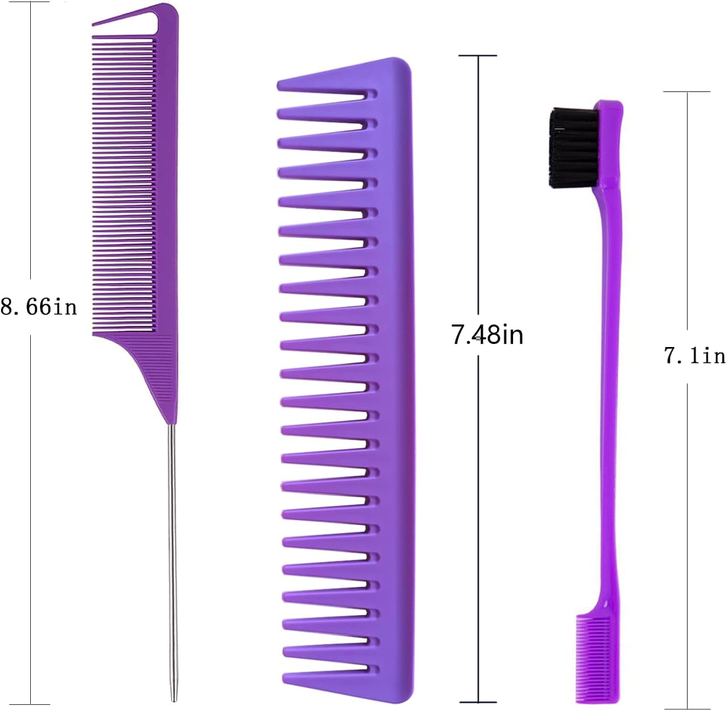 Hair Styling Comb Set 3PCS, Teasing Hair Brush, Rat Tail Comb Edge Brush, Hair Tail Tools for Women Girls Kids Braiding Backcombing Styling (Purple) - Purple image number 4