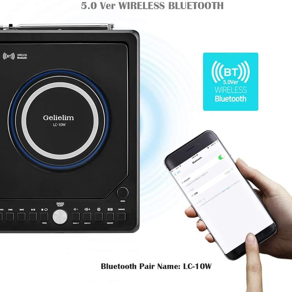 Gelielim CD Player Boombox with Remote, Dual Alarm Clock Radio, Wireless Charger, Bluetooth Digital FM Radio, MP3/USB Music Player, Snooze & Sleep Timer, Dimmable Mirror LED Display （Black）