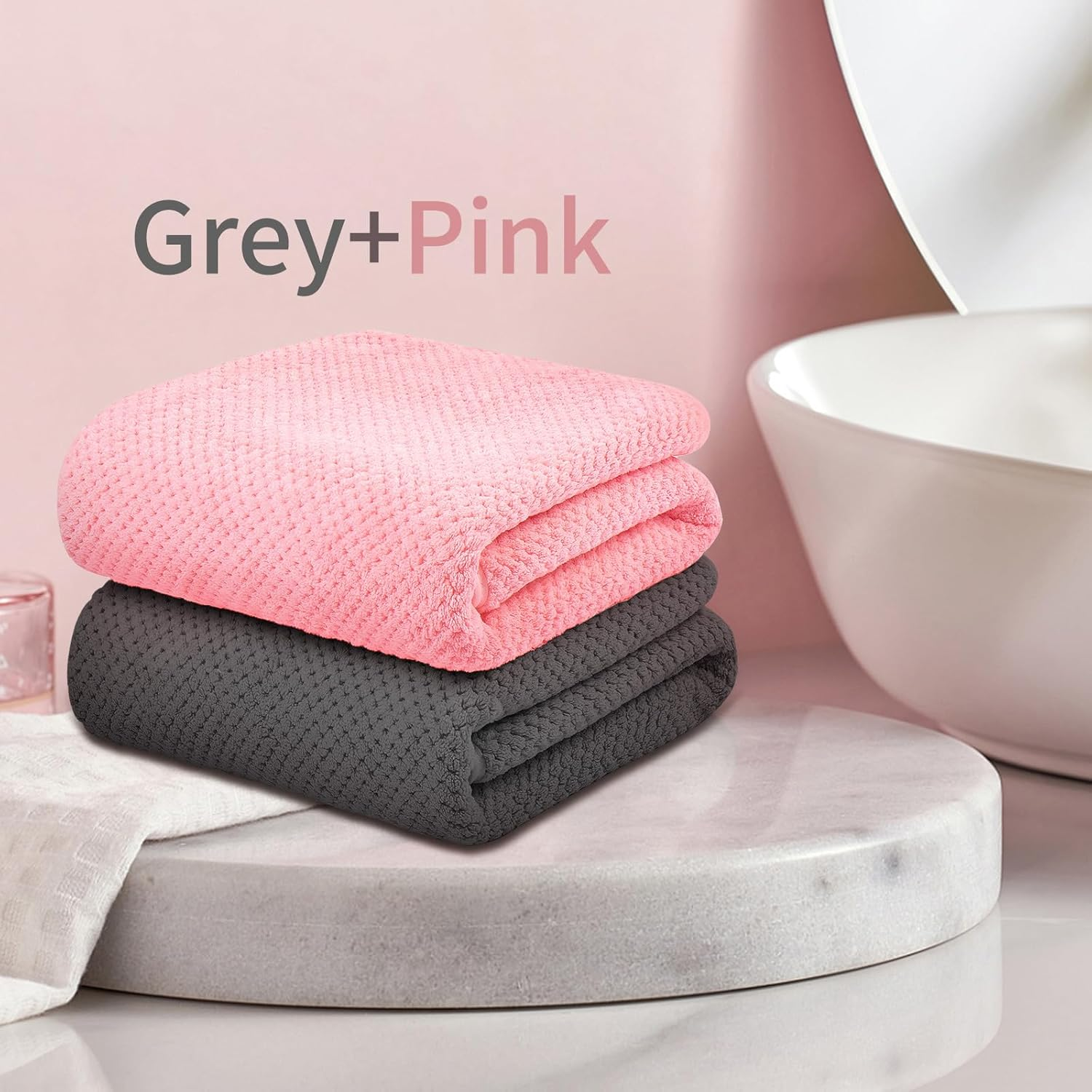 Bath Towels 2 Pack High Water Absorbent Bathroom Towel Set Soft Towels for Bathrooms, Beach, Swimming Pool, Gym, and Spa (Pink+Dark Grey) image number 2
