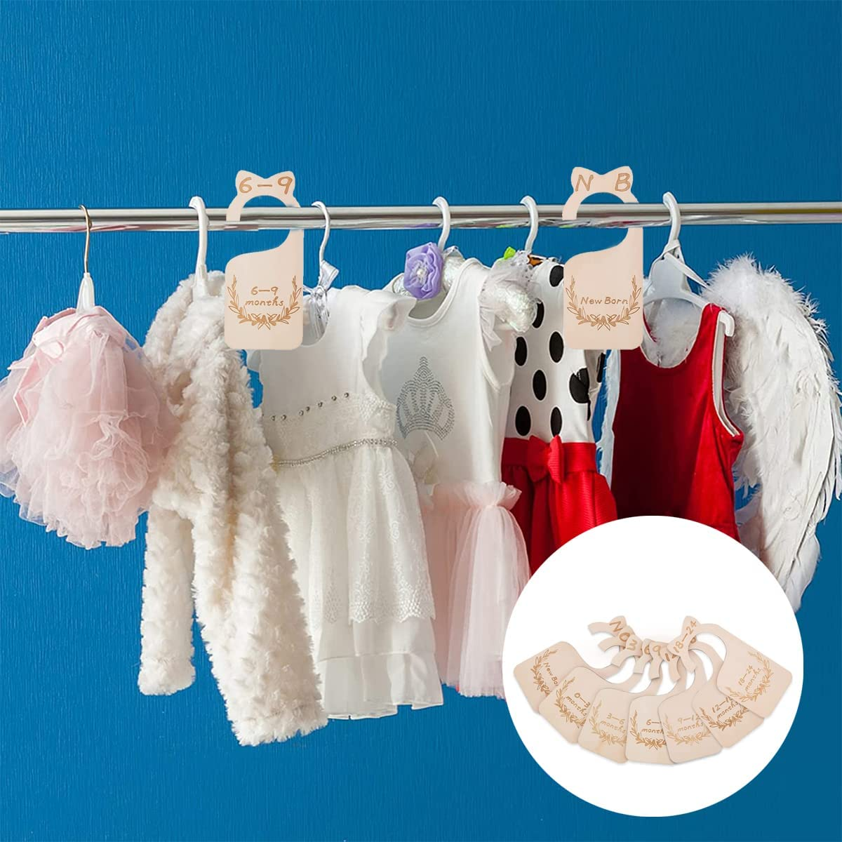 Baby Closet Size Divider, 7 Pcs Wooden Baby Closet Hanging Nursery Wardrobe Divider Hangers for Newborn Infant to 24 Months image number 1