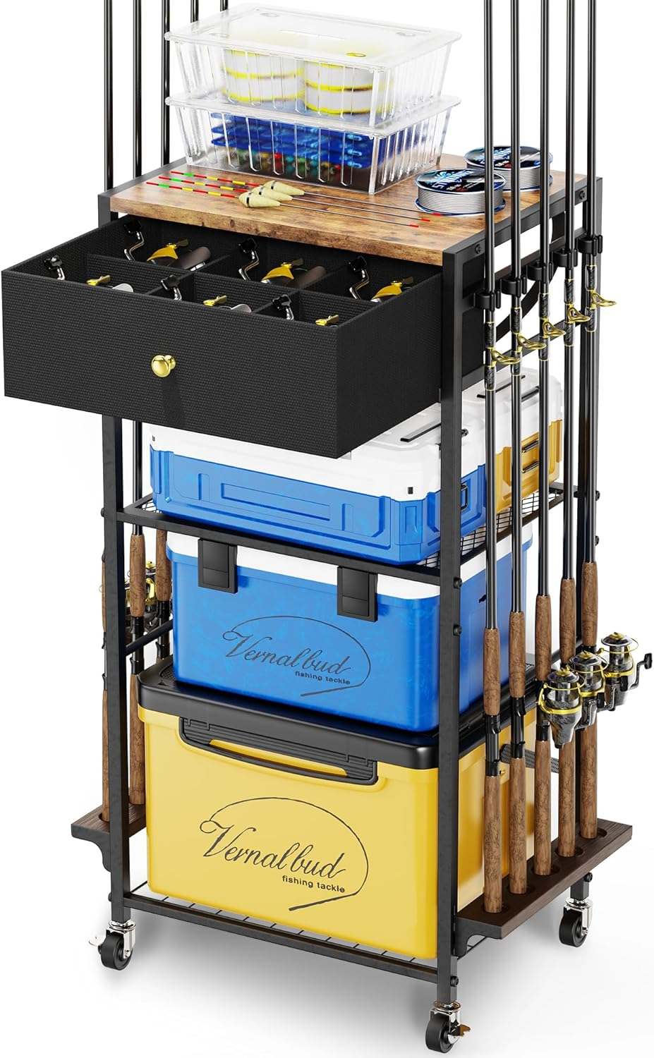 Fishing Rod Holders for Garage Holds up to 10 Rods, 360 Degree Rotating Fishing Pole Holder, Tackle Storage Cart Fishing Gear and Equipment Organizers, Fishing Gifts for Men Women (Black) image number 3