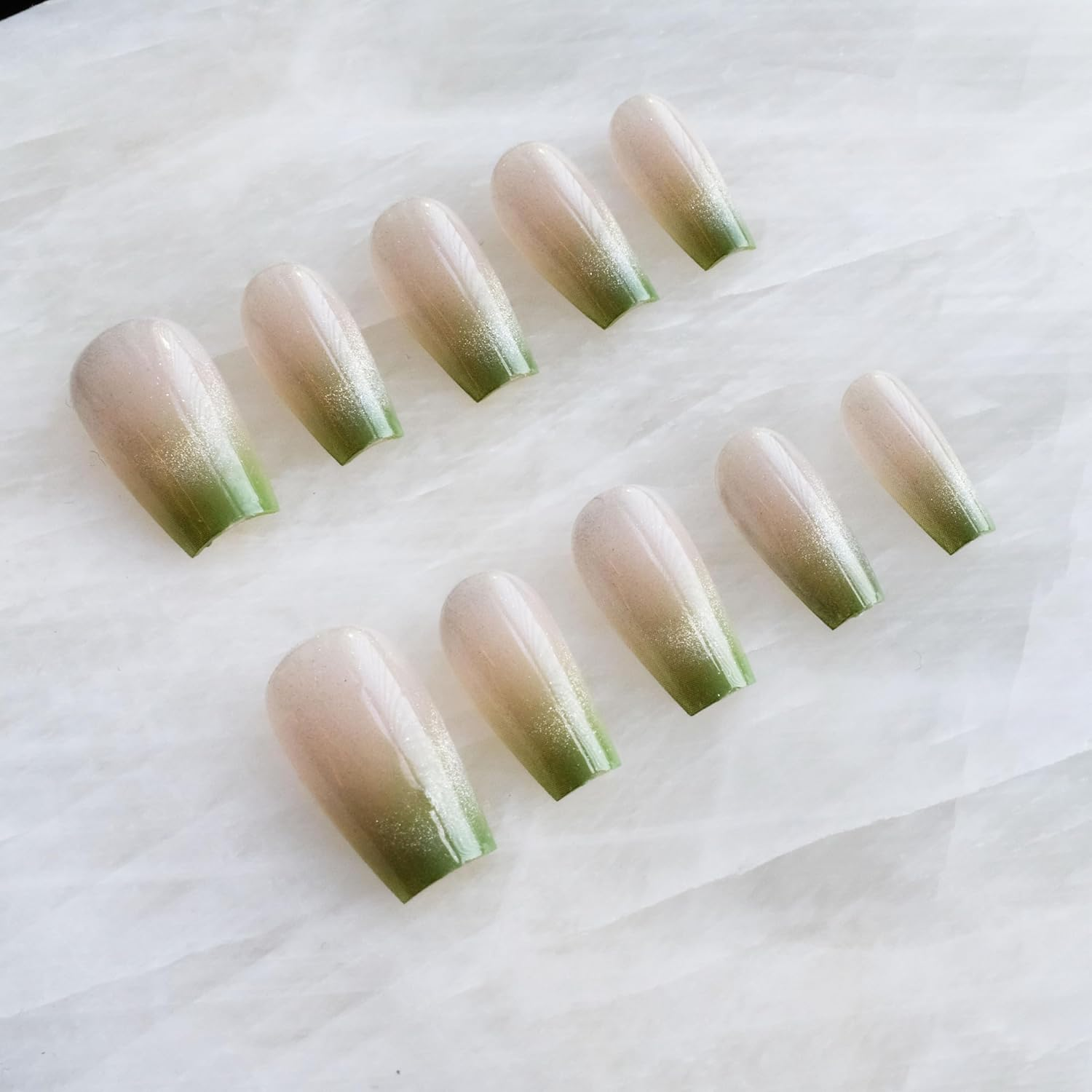 Glossy Cat Eye Ballerina Press-On Acrylic Nails, Coffin Style (Green, XS) image number 3