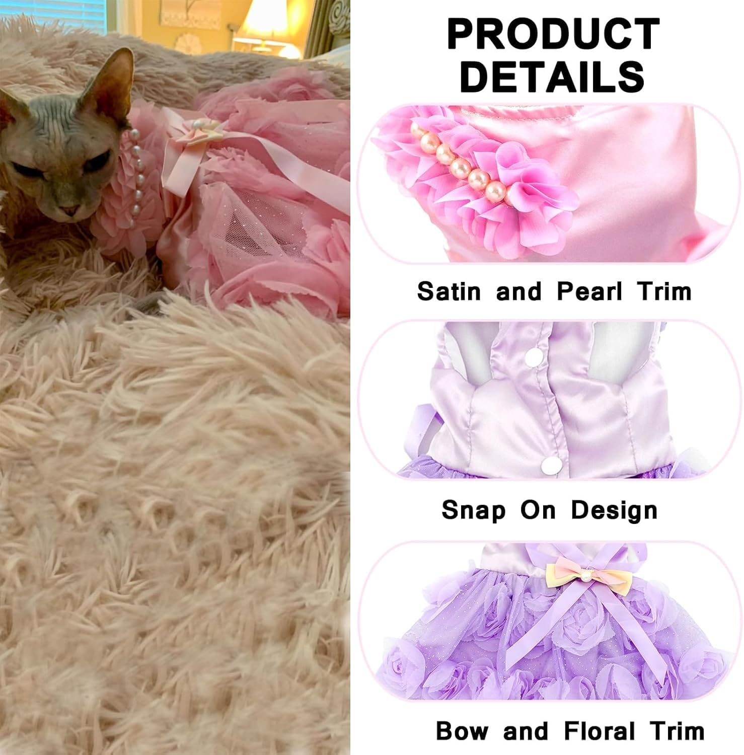 Pet Small Dog Wedding Dress with Bowknot Birthday Party Costume Satin Rose Pearls Girl Formal Dress (Pink, XXL) image number 1