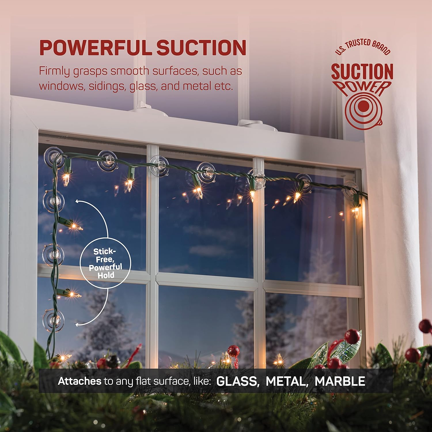 Christmas Light Suction Cups [Set of 100] Mini Light Suction Cup Hooks - Hang String Christmas Lights & Decorations - Christmas Light Suction Cup Clips - No Tools Required - Made in the USA image number 2