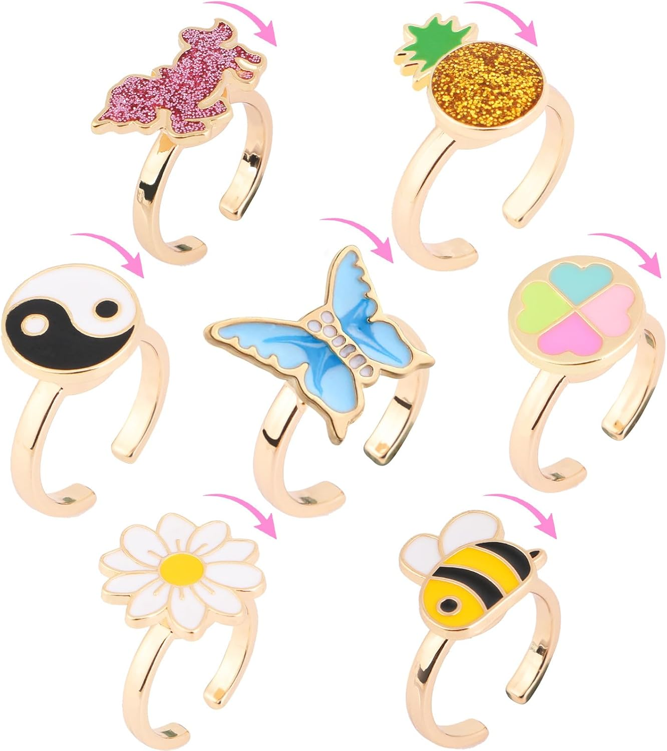 Mjartoria 7Pcs Fidget Rings for Anxiety, Shell Butterfly Unicorn Flower Stainless Steel Spinner Ring Set for Teen Girls Mood Rings Stress Relieving Wide Rings Set