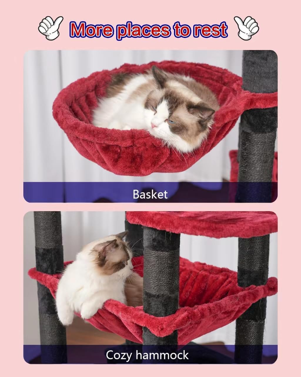 Cat Tree for Indoor Cats Large Adult, 188Cm Cat Tower for with 3 Big Platforms, 2 Baskets, 2 Condos, Multi-Level Cat Scratching Posts, Black and Red GCT030BR - Light Gray image number 3