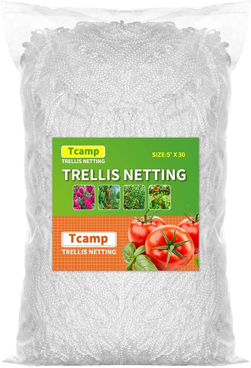 Tcamp Heavy-Duty Polyester Garden Trellis Net for Climbing Plants - Plant Support Netting Outdoor, Flexible String for Bean Pea, White Grow Tent (4.9Ft X 30Ft, 3.5" Opening Mesh, 1 Pack) image number 1