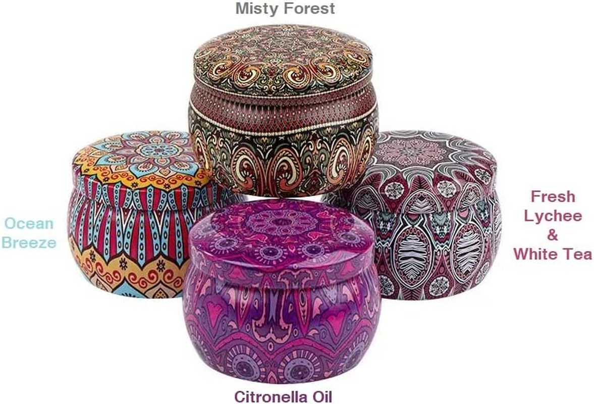 Scented Candles - Gift Set - Pack of 4 Natural Scents - Citronella Oil, Fresh Lychee and White Tea, Ocean Breeze and Misty Forest - Long Burning Hours Tin Candle - Dewali Gift Set image number 1