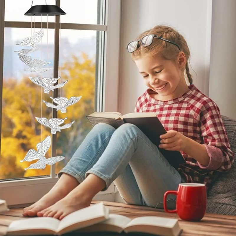 Colour Changing Wind Chimes LED Light Hanging Decor Outdoor Solar Powered Garden, Durable Crystal Ball Design, Night Glow, Easy Installation, 6-12 Hours Working Time - Butterfly image number 4