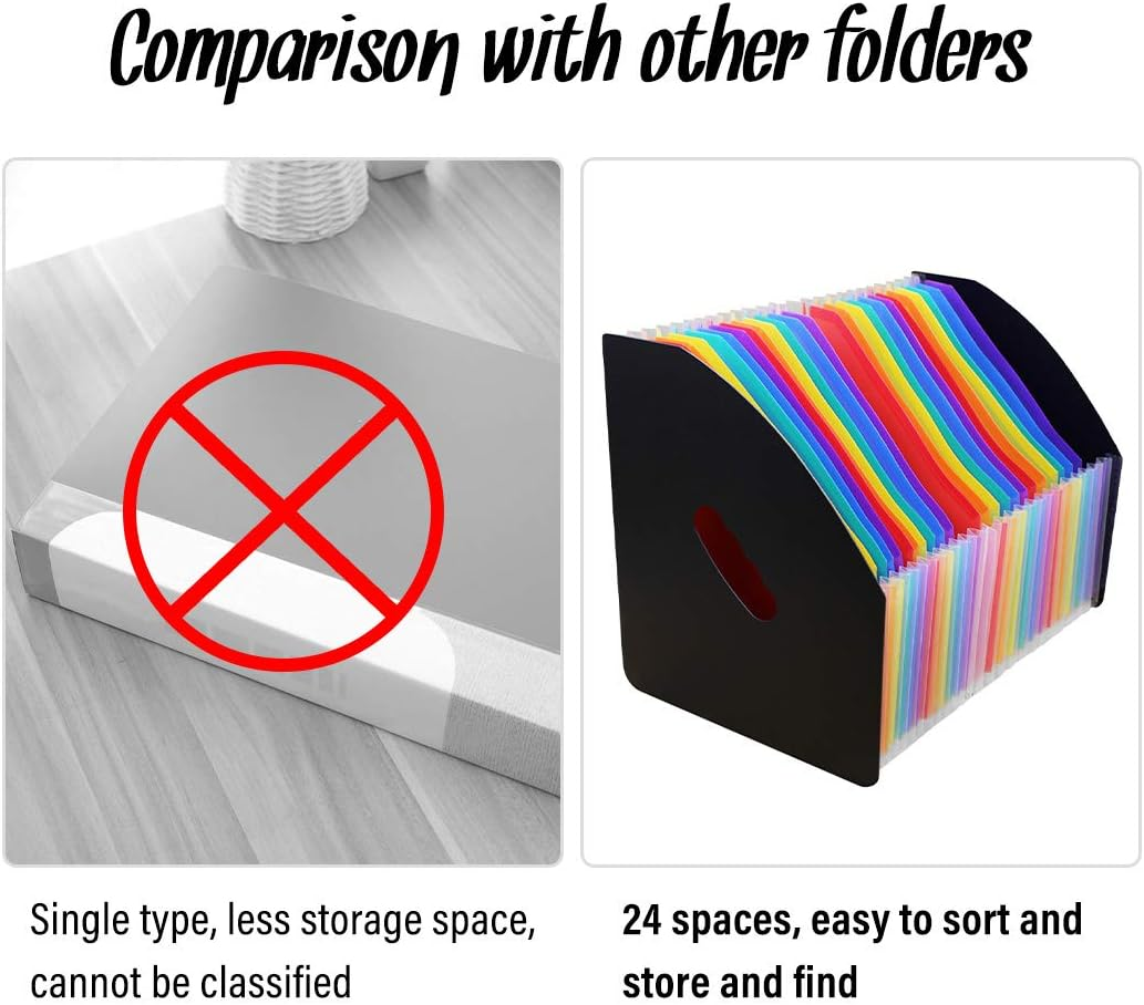 SAYEEC Clearance 24 Pockets Accordion File Organizer Upright Desktop Expandable Magazine Holder A4 Document File Holder Letter Size Stand Organizer Black Cover - Black With Rainbow Insert 24 Pockets image number 2