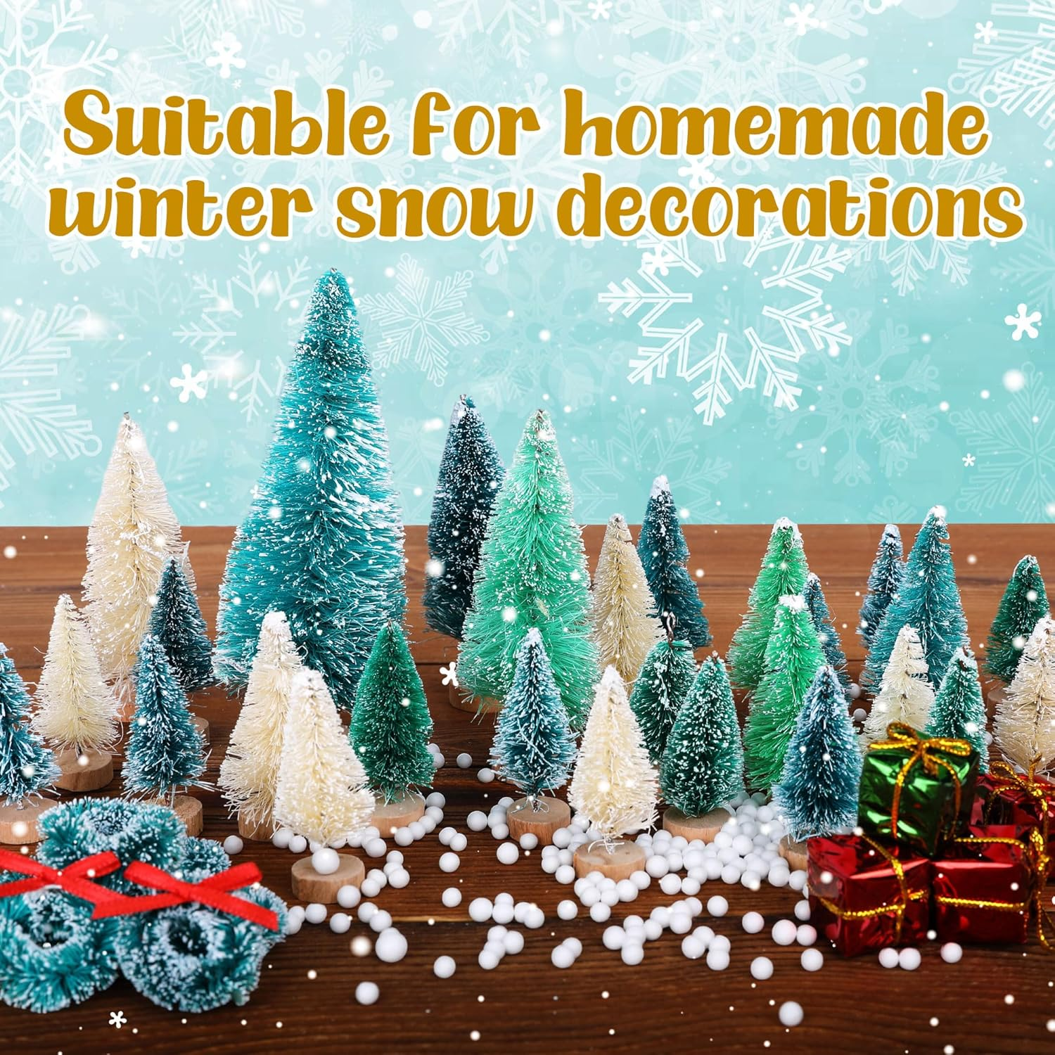 Iceyyyy 56 Pcs Artificial Mini Christmas Trees Set - Miniature Sisal Frosted Christmas Trees Bottle Brush Trees for DIY Crafts Home Table Top Decor image number 1