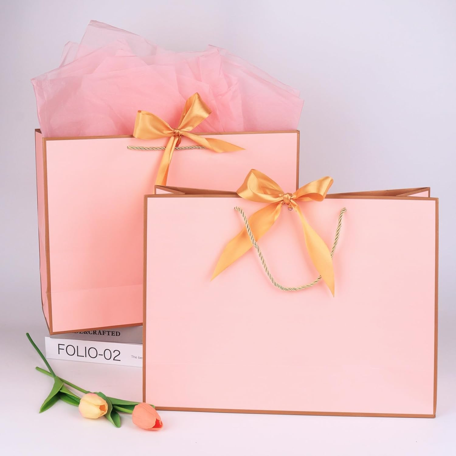 Oundarm 3 Pack 43 X 32 X 14CM Extra Large Bow Pink Gold Gift Bags with Greeting Cards＆Tissue Paper, Large Gift Bags for Presents with Handles for Mothers Day Valentines Day Bridesmaid Wedding Birthday image number 5