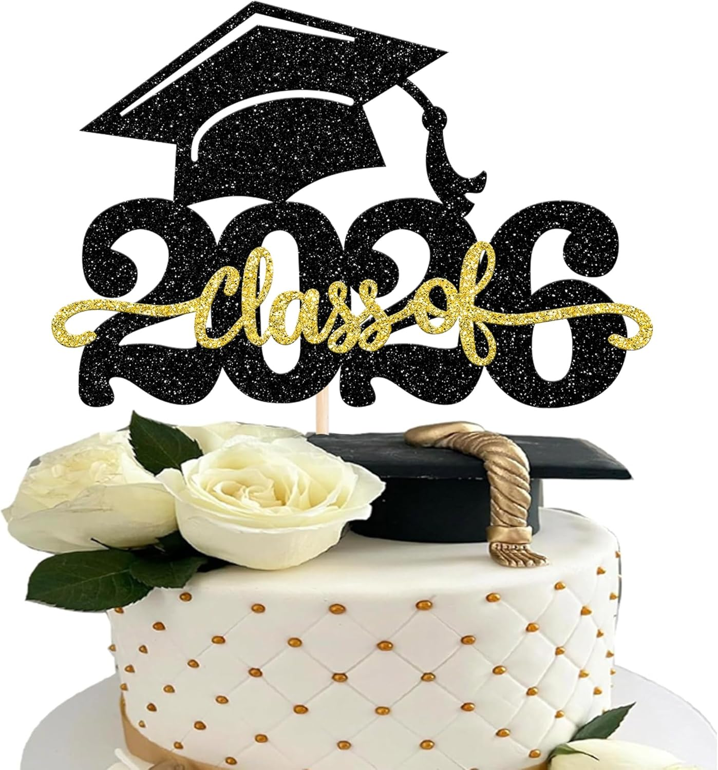 1 Pack Class of 2026 Cake Topper Glitter Congrats Grad Cap 2026 Graduation Cake Pick for 2026 Graduation Theme High School Boys Girls Graduate Party Cake Decorations Supplies