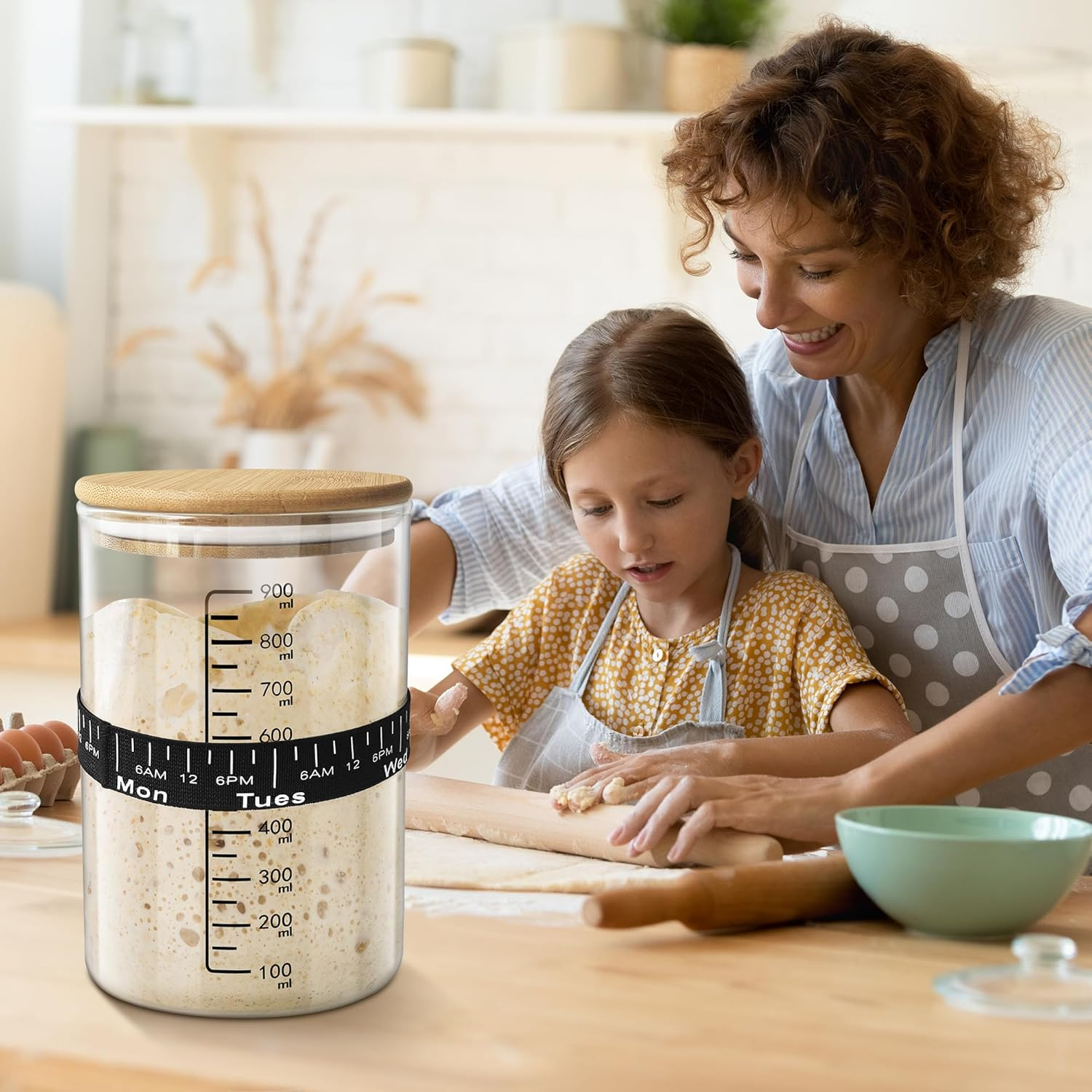 Sourdough Starter Jar Kit 900Ml, 30Oz Sourdough Starter Kit, Heat Resistant Glass Container, Scale Thermometer Strip Spatula Level Band Cloth Cover Lable Pen