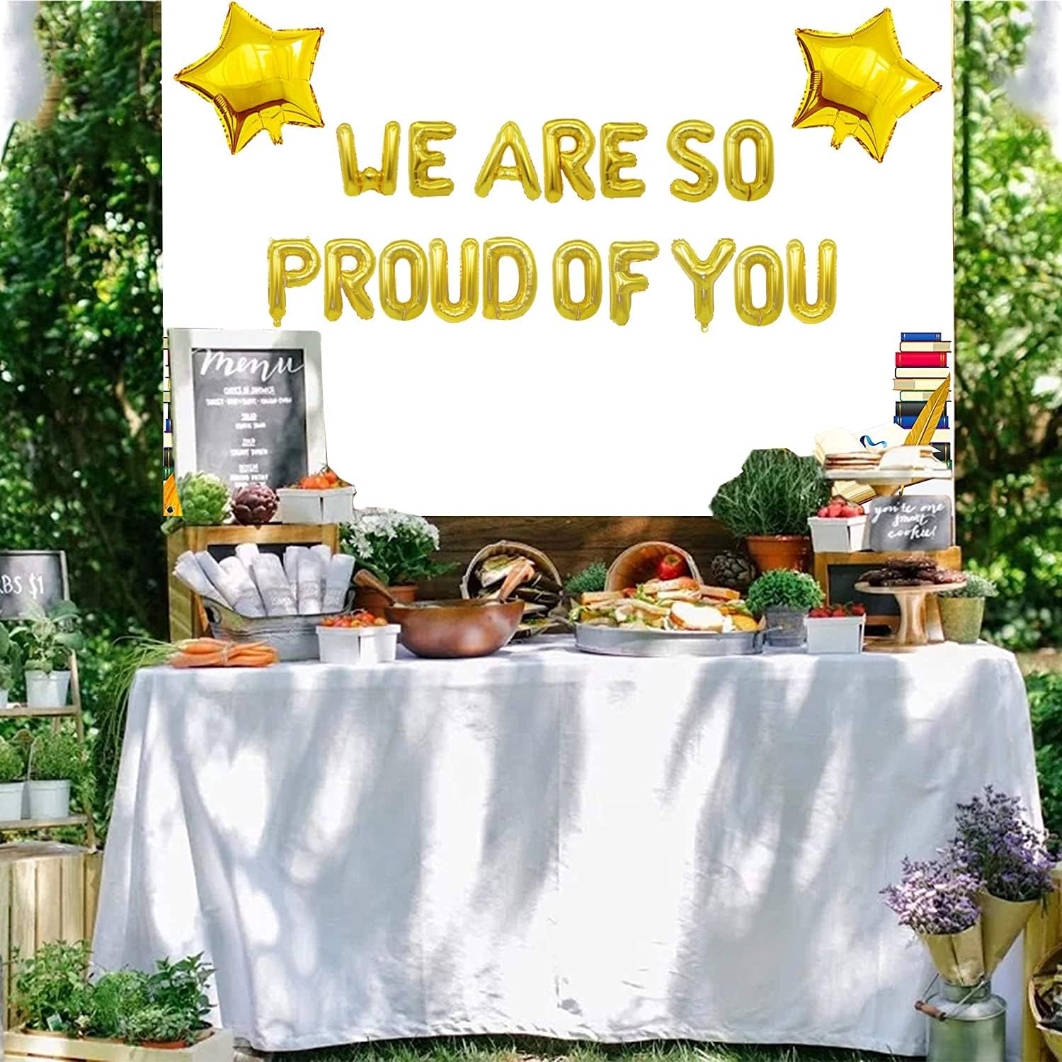 Graduation Bunting, We Are so Proud of You Letter Balloons Gold Banner with 2 Star Balloons Congrats Grad Retirement Party Decorations Supplies