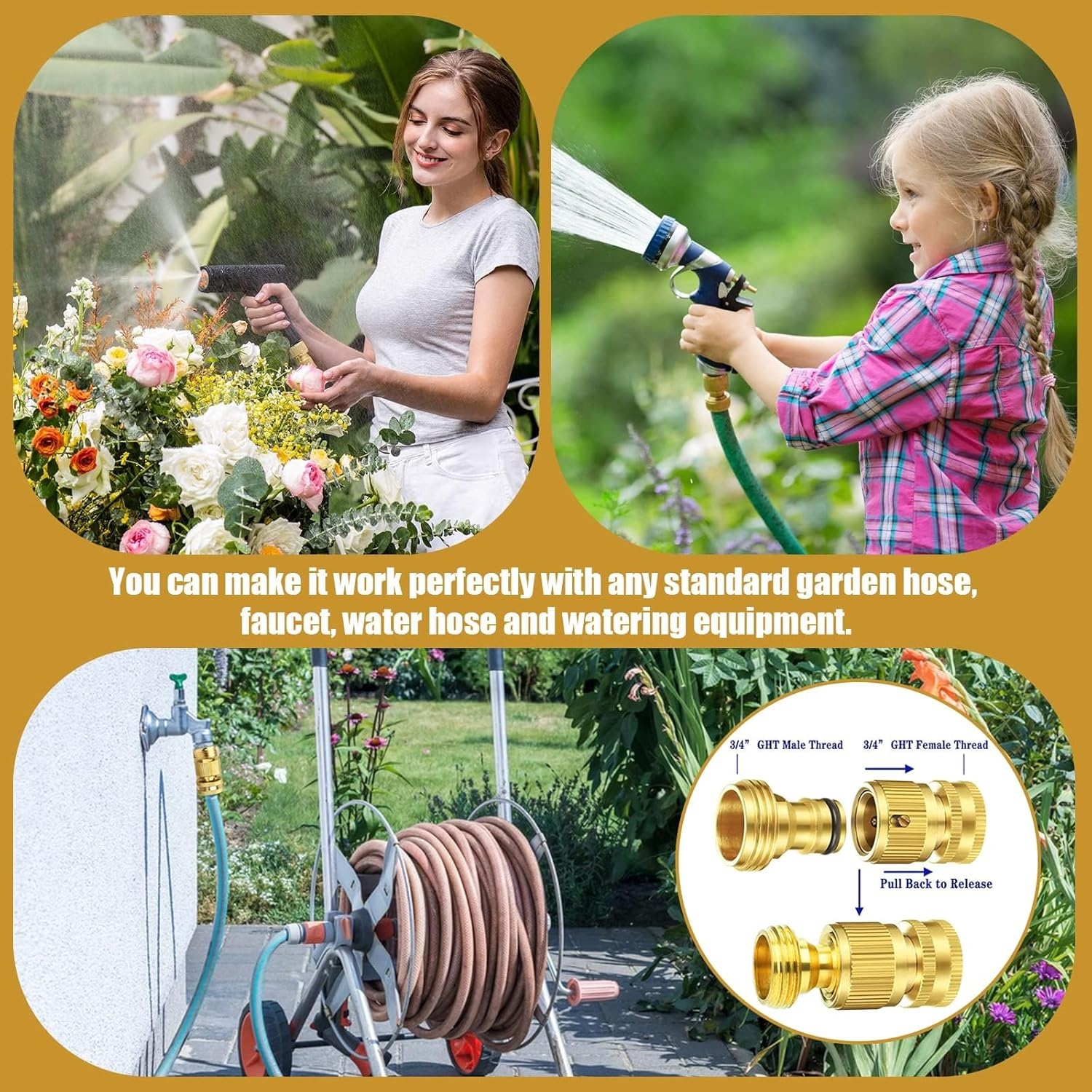 Garden Hose Fitting, 2 Set Thread Easy Connector Fittings, 3/4 Inch GHT Water Hose Connectors for Any Standard Garden Hose, Faucets, Hose Bibs and Watering Devices(Yellow) image number 3