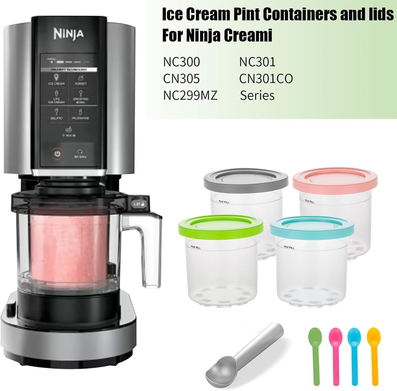 Containers Replacement for Ninja Creami Pints and Lids - 4 Pack 16Oz Cup, Ice Cream Containers, Compatible with NC301 NC300 NC299AMZ Series Ice Cream Maker, BPA Free, Leak Proof（With 5 Spoon） image number 3