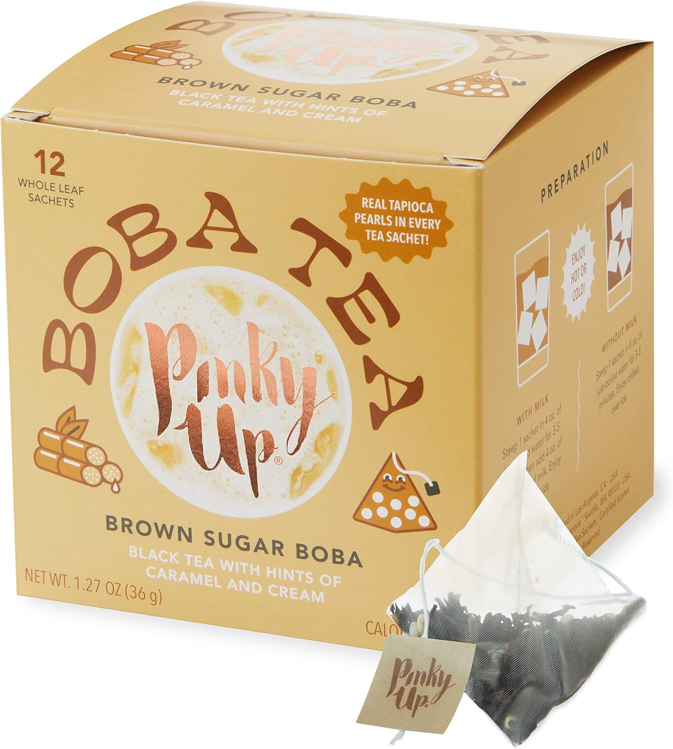 Pinky up Brown Sugar Boba Tea Sachets - Calorie Free Whole Leaf Black Tea Bubble Tea - Boba Gift 12 Biodegradable Tea Bags image number 4