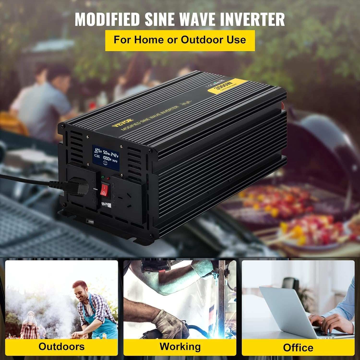 VEVOR Power Inverter 3000W Modified Sine Wave Inverter DC 12V to AC 240V Car Converter with LCD Display Remote Controller LED Indicators AC Outlets Power Inverter for Car RV Truck Boat Travel Camping image number 3