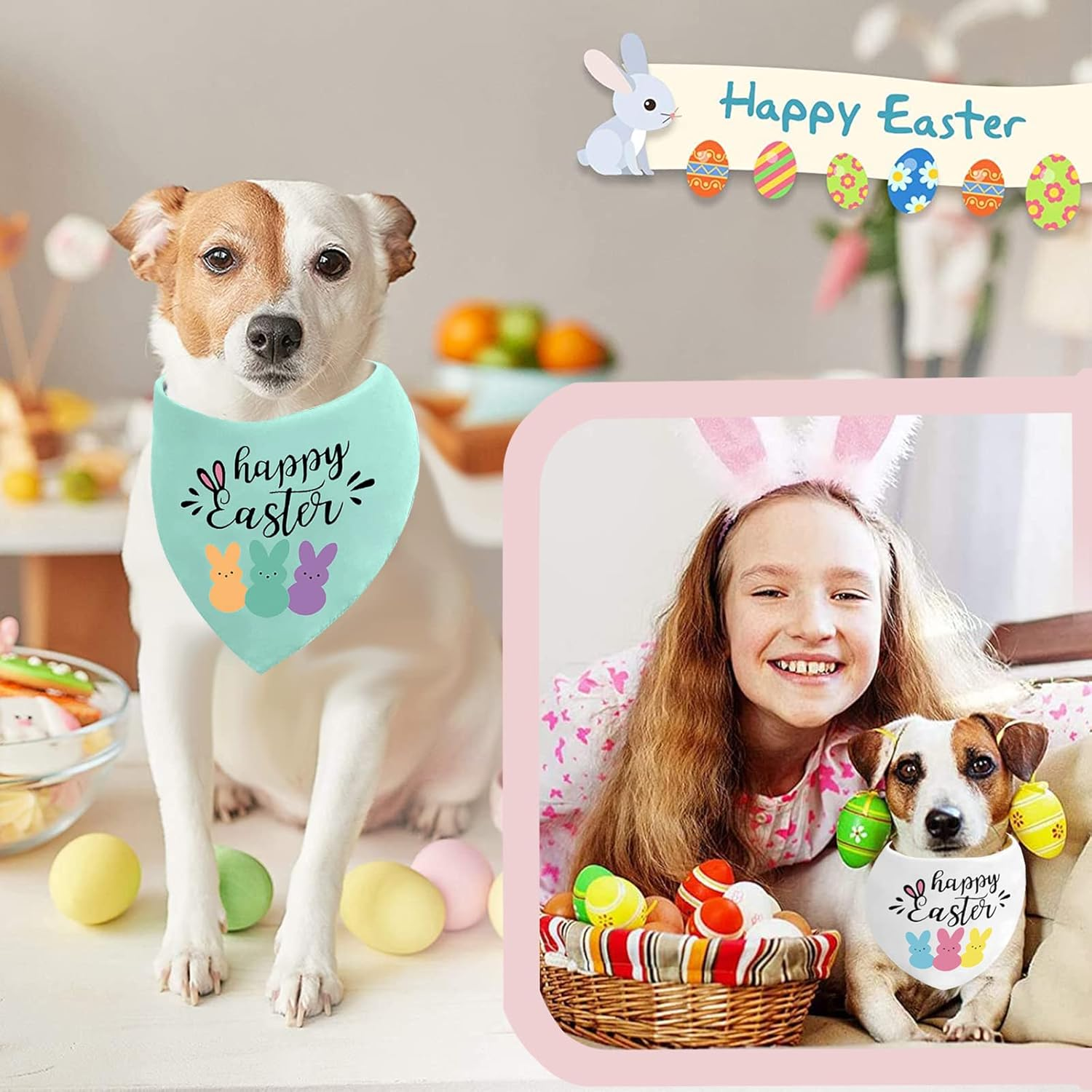Easter Dog Bandanas Puppy Scarf - Happy Easter Peeps Dog Outfits - 2 Pcs Adjustable Triangle Double-Layer Reversible Pet Bandanas for Small Medium Large Dogs image number 2
