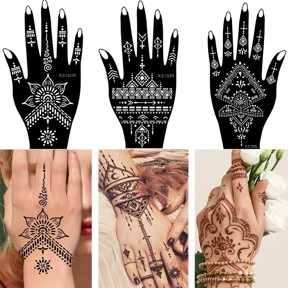 XMASIR 20 Sheets Henna Tattoo Kit Stencil for Hand, Temporary Airbrush Tattoos Stencils Arabian Tattoo Stickers Henna Templates for Body Paint Art (20Pcs-1) - Henna-Inspired With Black Design image number 3