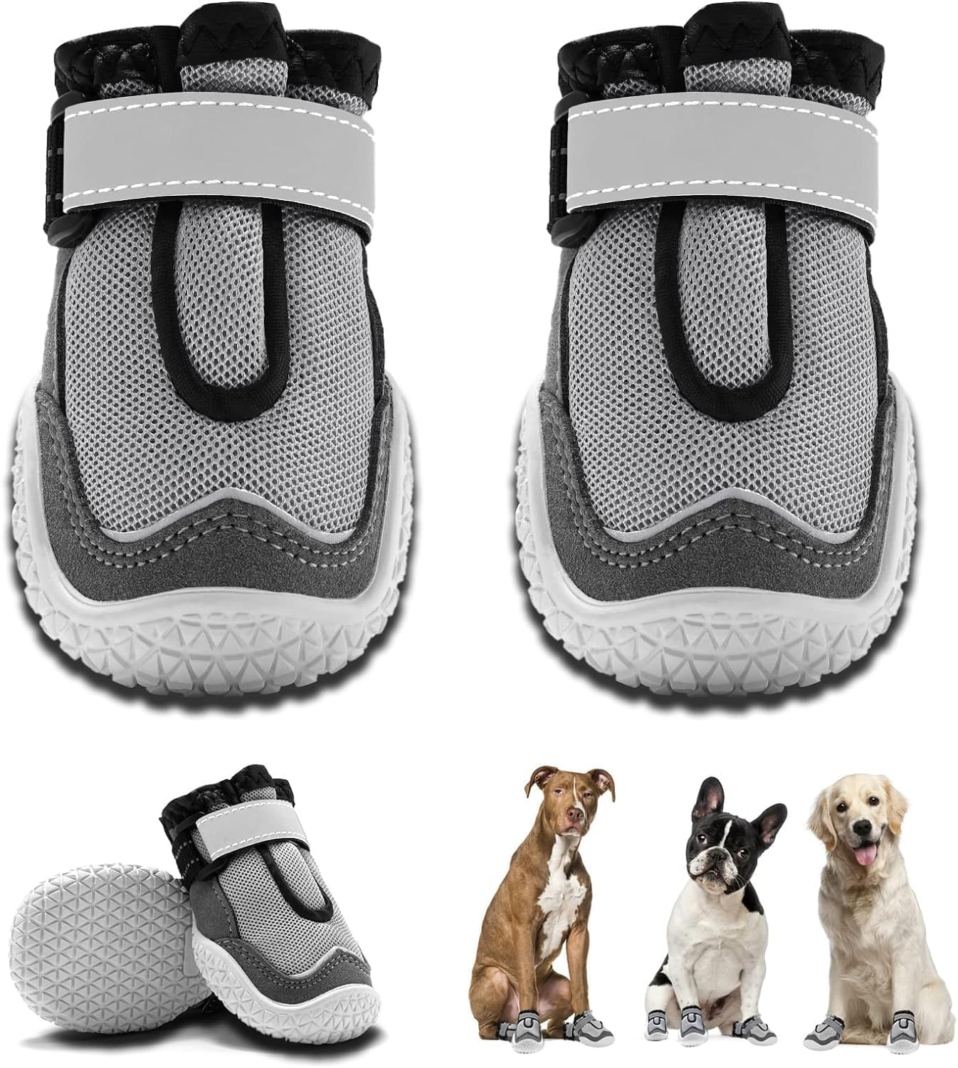 Dog Boots, Breathable Dog Shoes, Dog Booties with Reflective Rugged Anti-Slip Sole and Skid-Proof, Puppy Outdoor Paw Protectors with Rubber Soles for Hiking and Running (Grey, 1#) image number 3