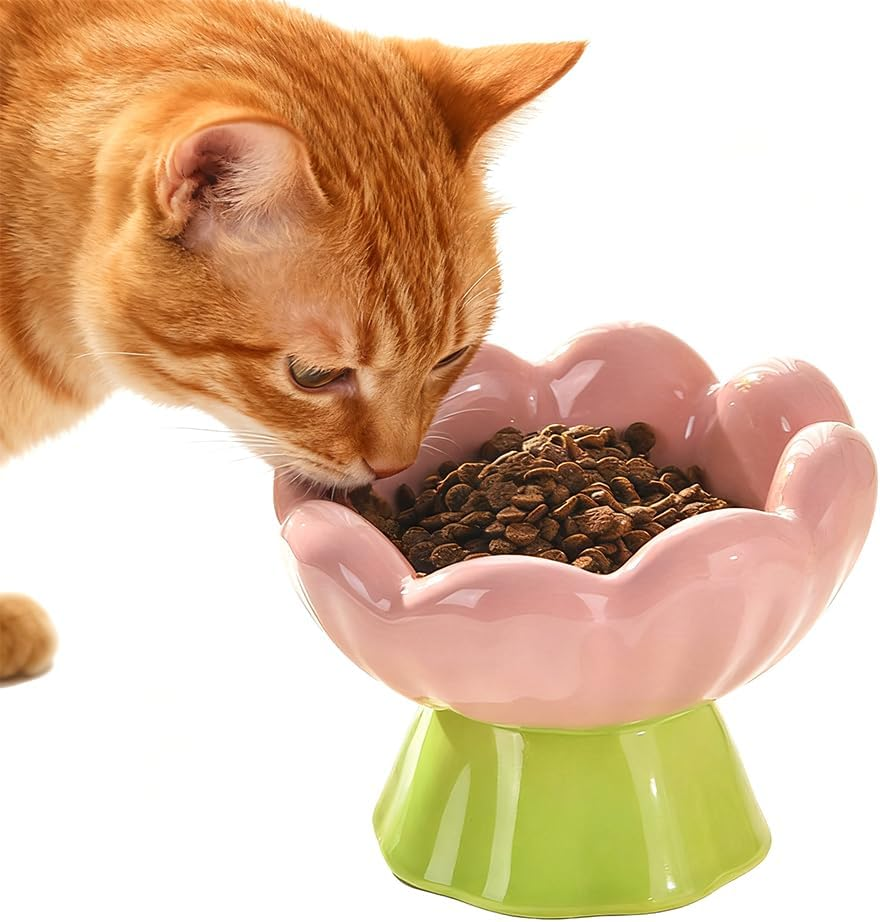 HYAVIA Ceramic Raised Cat Bowl &ndash; Pink Tulip Elevated Cat Dish, 13.5 CM Tall & Tilted, Whisker Friendly, Anti-Vomiting Pet Bowl for Small Indoor Cats & Dogs &ndash; Non-Slip, Cute Flower Design image number 2