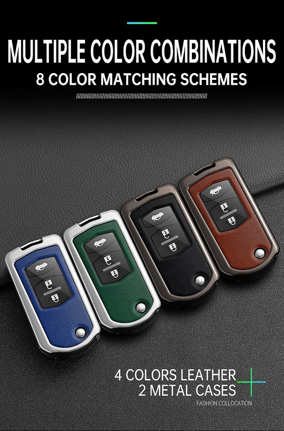 Folding Car Key Case Key Cover Zinc Alloy Leather Keychain Fit for It for Mazda 2 3 5 6 CX5 CX7 CX9 RX8 M6 MX5 Key Shell Protection Covers 2 3 Buttons Key Fob Holder Cover Keyring Silvery-Black image number 2