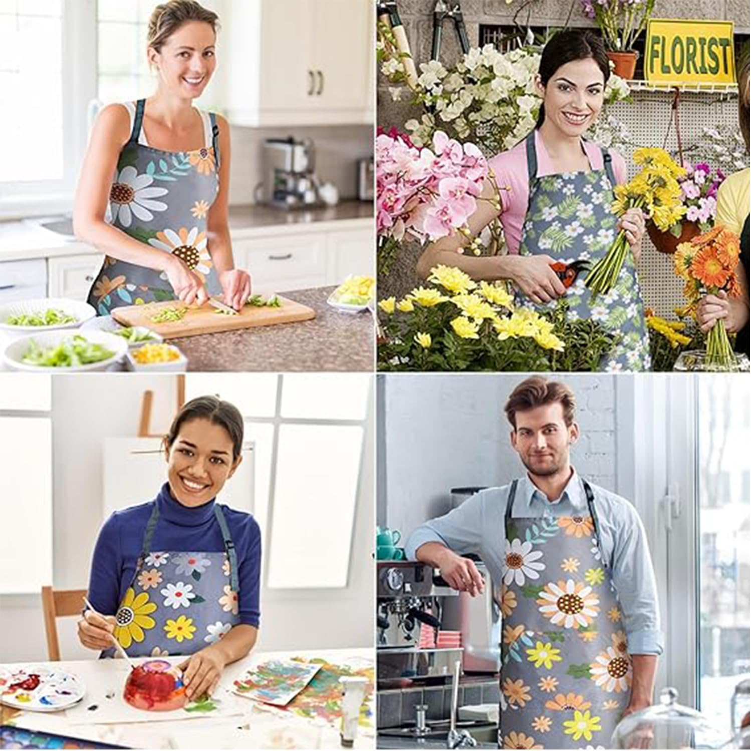 3 Pack Floral Aprons with Pocket, Blooming Womens Aprons Waterproof Adjustable Cooking Aprons for Kitchen Gardening and Salon